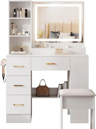Dressing Table with Mirror and Stool: Vanity Desk with Mirror and Drawers, Open Shelves, White Vanity Dressing Table for Bedroom with Led Light
