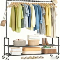 Heavy Duty Clothes Rail Rack with Shelves 46.5" Large Rolling Clothing Rack for Bedroom Hanging Rail for Clothes, Garment, Coat, Black