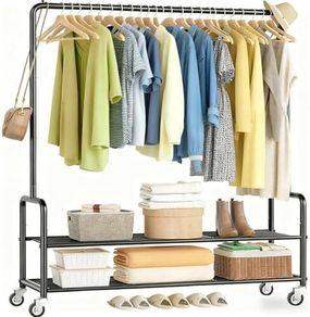 Heavy Duty Clothes Rail Rack with Shelves 46.5" Large Rolling Clothing Rack for Bedroom Hanging Rail for Clothes, Garment, Coat, Black