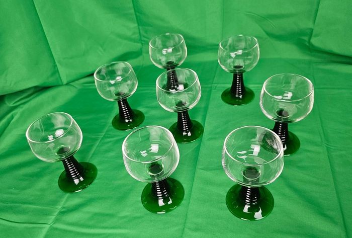 Set of eight antique Luminarc France glasses with green, ribbed stems