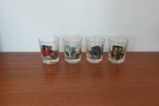Cool Set of Four Vintage Retro Mid-Century Tourist-Ware Souvenir Shot Glasses with Classic Car Designs, Vintage Barware