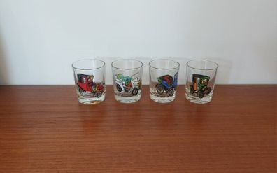 Cool Set of Four Vintage Retro Mid-Century Tourist-Ware Souvenir Shot Glasses with Classic Car Designs, Vintage Barware