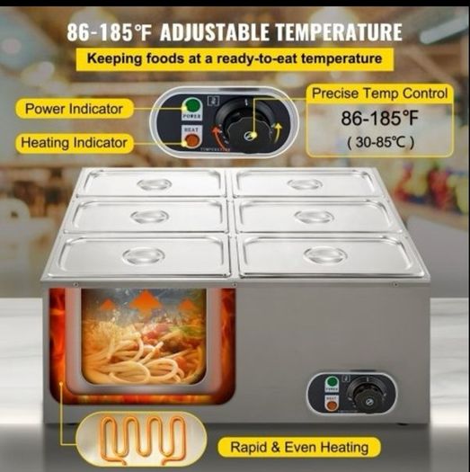 NEW 6 Pan Commercial Food Warmer Electric Steam Table 1200W Professional Countertop for Restaurant 220v