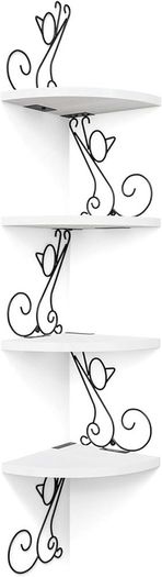 MULTIPLE COLOURS AVAILABLE Corner Shelf Wall Mount of 4 Tier Rustic Wood Floating Shelf Cat Shape Metal Stand for Bedroom Living Room Bathroom Kitchen Office and More Carbonized Black