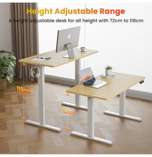 140 x 60 cm Standing Desk, Electric Height Adjustable Desk with 2 Hooks