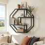 4-Tier Floating Shelves, Wooden Wall Shelf, Heavy-Duty Metal Frame, Decorative Wall Storage Shelf for Living Room, Bedroom, Kitchen, Home Office, Black Image 2