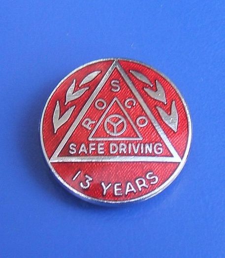 ROSCo (Safe Driving Award Scheme) - 13 years accident-free driving - merit award badge (1970's / 1980's)