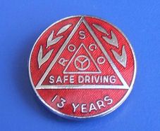 ROSCo (Safe Driving Award Scheme) - 13 years accident-free driving - merit award badge (1970's / 1980's)