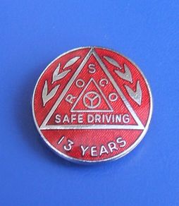 ROSCo (Safe Driving Award Scheme) - 13 years accident-free driving - merit award badge (1970's / 1980's)