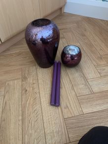 Purple Vase, Tea Light Holder & Two Purple Dinner Candles