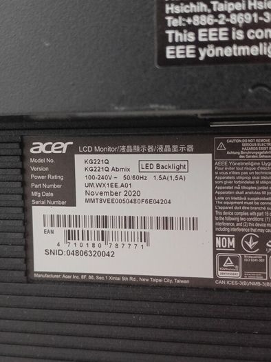 ACER KG221Q Full HD 21.5" LED Monitor Black Full HD 1920 x 1080p