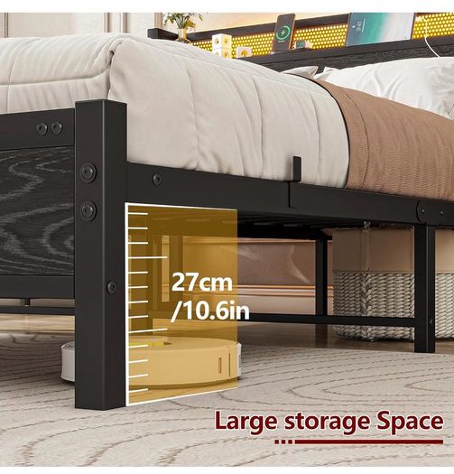Double Bed Frame with LED Lights/Charging Station,4ft6 Metal Platform Bed Frame with Storage Headboard/Mattress Foundation/Metal Slat Support/No Box Spring Needed,Under-bed Storage,Black Bed