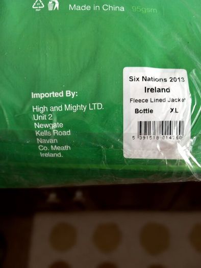Ireland Rugby Six Nations 2013 fleece lined Jacket