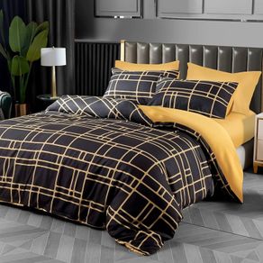 MULTIPLE SIZES AVAILABLE Double Duvet Set Black & Gold Doublesided Bedding Set 3 PCS With Pillowcases Ultra Soft Anti Allergic Non Iron Luxury Microfiber (Black, Double (200 x 200 cm))
