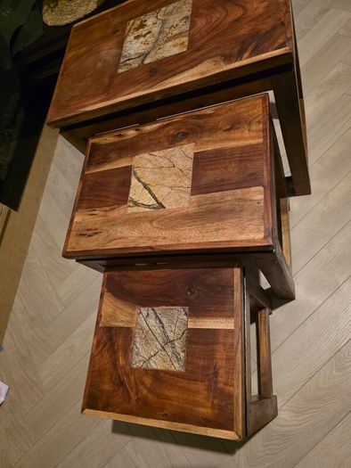 Beautifully Restored Upcycled Indian Rosewood Nest of 3 Tables with Floating Top Effect
