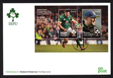 2019 Ireland Irish Rugby (IRFU) featuring Joe Schmidt (Coach of the Year) & Johnny Sexton (Player of the Year) Miniature Sheet Commemorative Stamps An Post First Day Cover (FDC)