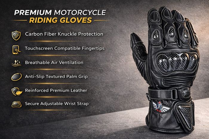 Premium Black Leather Motorcycle Riding Gloves