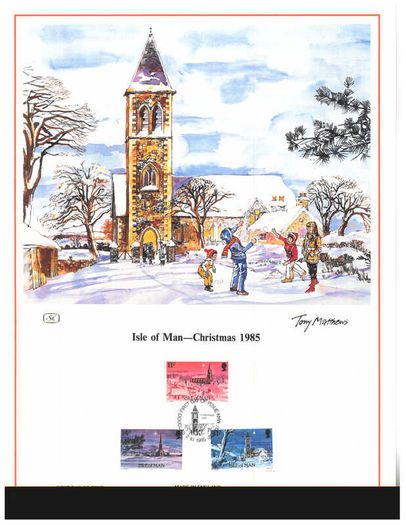1985 Isle of Man Limited Edition Lithographed Print measuring 333mm X 257mm showing Christmas Commemorative Stamps with First Day of Issue Cancel