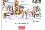 1985 Isle of Man Limited Edition Lithographed Print measuring 333mm X 257mm showing Christmas Commemorative Stamps with First Day of Issue Cancel