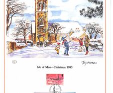 1985 Isle of Man Limited Edition Lithographed Print measuring 333mm X 257mm showing Christmas Commemorative Stamps with First Day of Issue Cancel