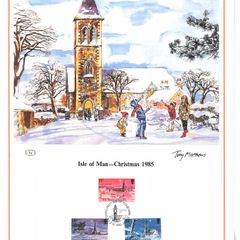 1985 Isle of Man Limited Edition Lithographed Print measuring 333mm X 257mm showing Christmas Commemorative Stamps with First Day of Issue Cancel