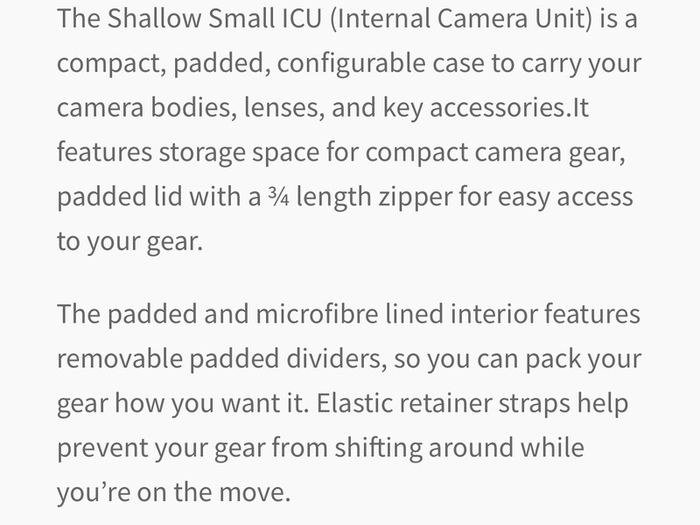 f stop camera bag / internal camera unit