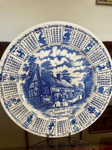 Vintage 1987 Calendar Plate English Blue and White Ironstone Rustic Wall Decor Retro Gift