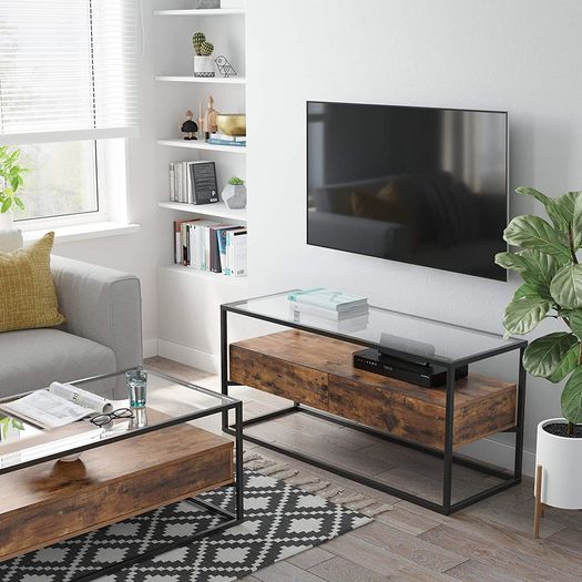 TV Stand for TVs up to 55 inches, TV Shelf, TV Stand, Lowboard, Glass Table, 2 Drawers, Living Room, Bedroom, Tempered Glass, Industrial Design, Vintage Brown/Black