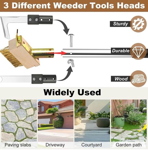 Patio Weed Remover Tool, 160 cm Weed Brush Long Handle, Heavy Duty Patio Scraper & Wire Brush, 3 Different Durable Weeder Tools Heads for Cleaning Block Paving and Driveway