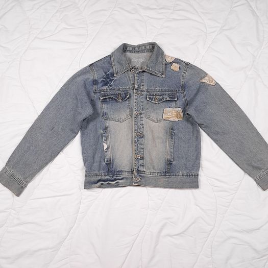 Superfly Patched Distressed Blue Denim Trucker Jacket Size L