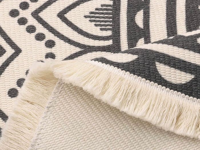 4ft Circle Rug Round Area Rug Cotton Woven Rug with Tassels Washable Mandala Black White Printed for Bedroom Livingroom Kitchen (FREE POSTAGE)