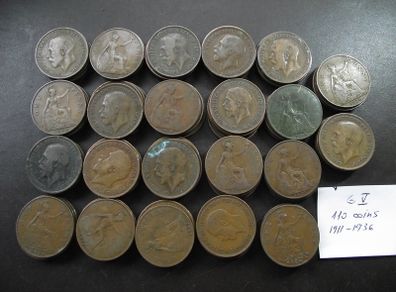 Great Britain. George V. 110 coins x1p (1911-1936)