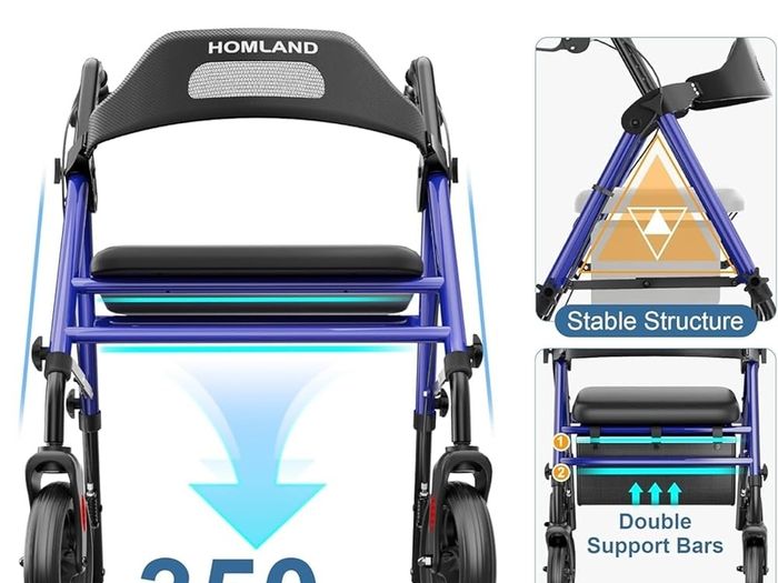 Foldable Rollator Walkers with Seat for Seniors, 8'' Big Wheels, 350 lb. Weight Capacity, Adjustable Handles and Seat Height, Lightweight Rolling Walker, Blue
