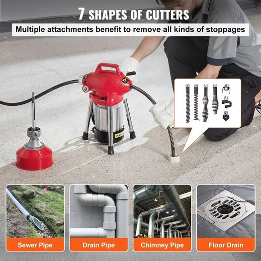 Drain Cleaner Machine Electric Sewer Snake Auger Manual Feed with 2 Sectional Steel Cables 250W