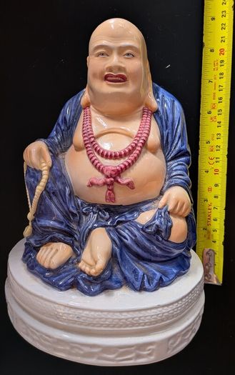 Ceramic Laughing Buddha Lamp Base Blue Robe Budai Hotei Vintage 20cm