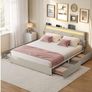 Double Bed Frame LED Metal Bed, 4 Drawers, Charging Station, Adjustable Padded Headboard Beige Image 3