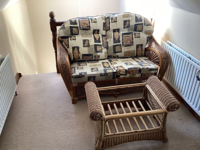 Arnotts Rattan Sofa Suite (Wicker Style) - 2 Seater + Armchair + Table