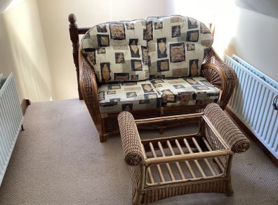 Arnotts Rattan Sofa Suite (Wicker Style) - 2 Seater + Armchair + Table