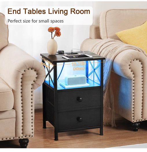Bedside Table Set of 2, Side Table with Charging Station and Led Lights