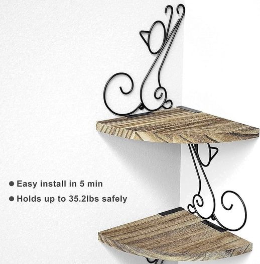 SALE | Corner Shelf Wall Mount of 4 Tier Rustic Wood Floating Shelf Cat Shape Metal Stand for Bedroom Living Room Bathroom Kitchen Office and More Carbonized