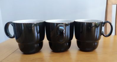 3 PC Denby Stackable Mug Mushroom Black everyday Stoneware England 12 OZ