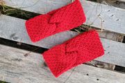 Handmade crochet warm knot twisted headband, red wooly ear warmer