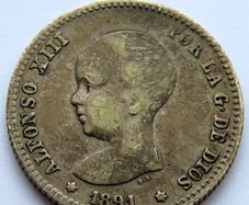 1891 Spain antique Silver Spanish peseta coin Alfonso XIII