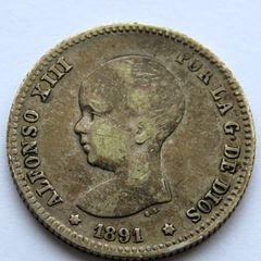 1891 Spain antique Silver Spanish peseta coin Alfonso XIII