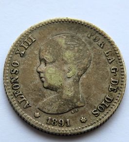 1891 Spain antique Silver Spanish peseta coin Alfonso XIII