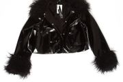 Brand new Faux-fur-trimmed cropped leather jacket, size 8