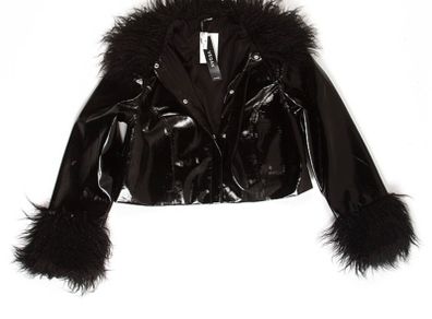 Brand new Faux-fur-trimmed cropped leather jacket, size 8
