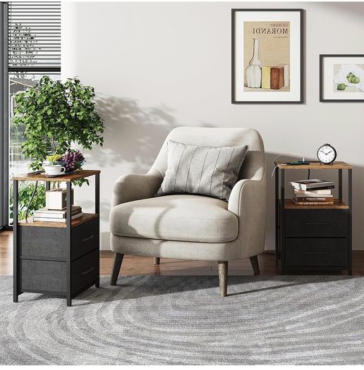 Bedside Table with Charging Station, Side Table with 2 USB Ports and Outlets, Nightstand with Cloth Drawer, Set of 2, End Table, Brown and Black