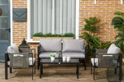 4 Piece Metal Garden Furniture Set - Includes Tempered Glass Coffee Table, Texteline Pocket, Outdoor Patio Set with Loveseat, Single Armchairs and Padded Cushions, Light Grey