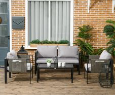 4 Piece Metal Garden Furniture Set - Includes Tempered Glass Coffee Table, Texteline Pocket, Outdoor Patio Set with Loveseat, Single Armchairs and Padded Cushions, Light Grey